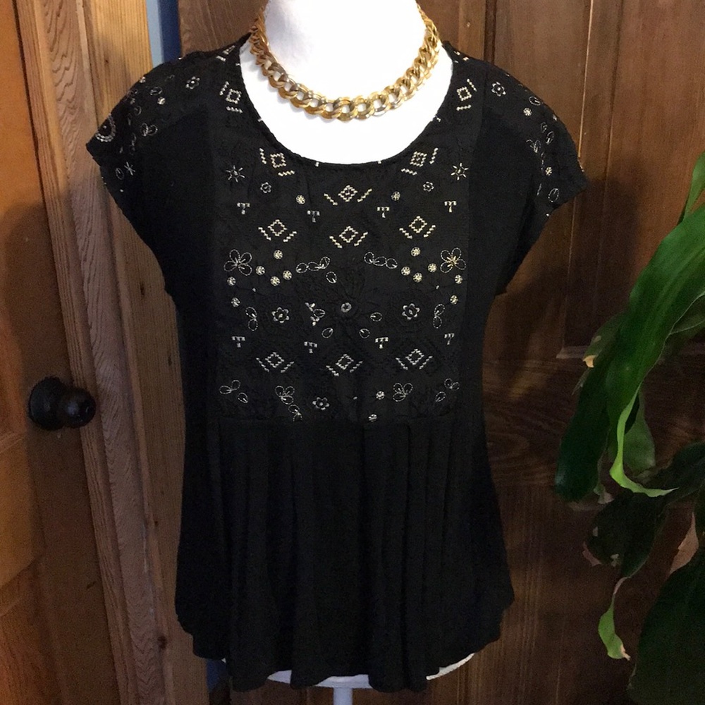 Anthropologie Black & Gold embroidered